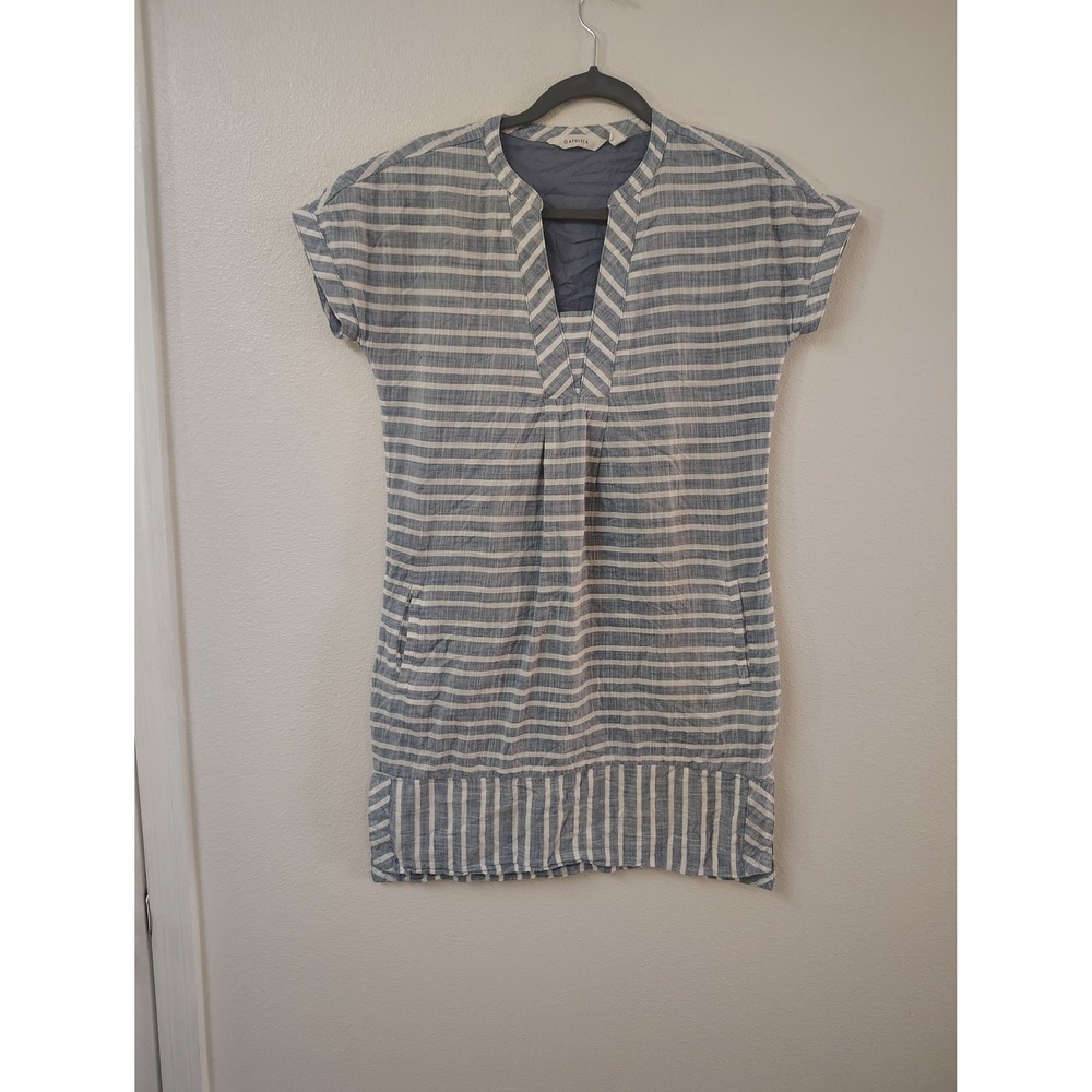 Athleta Blue White Striped Linen Blend V-Neck Tunic Dress Pockets XS